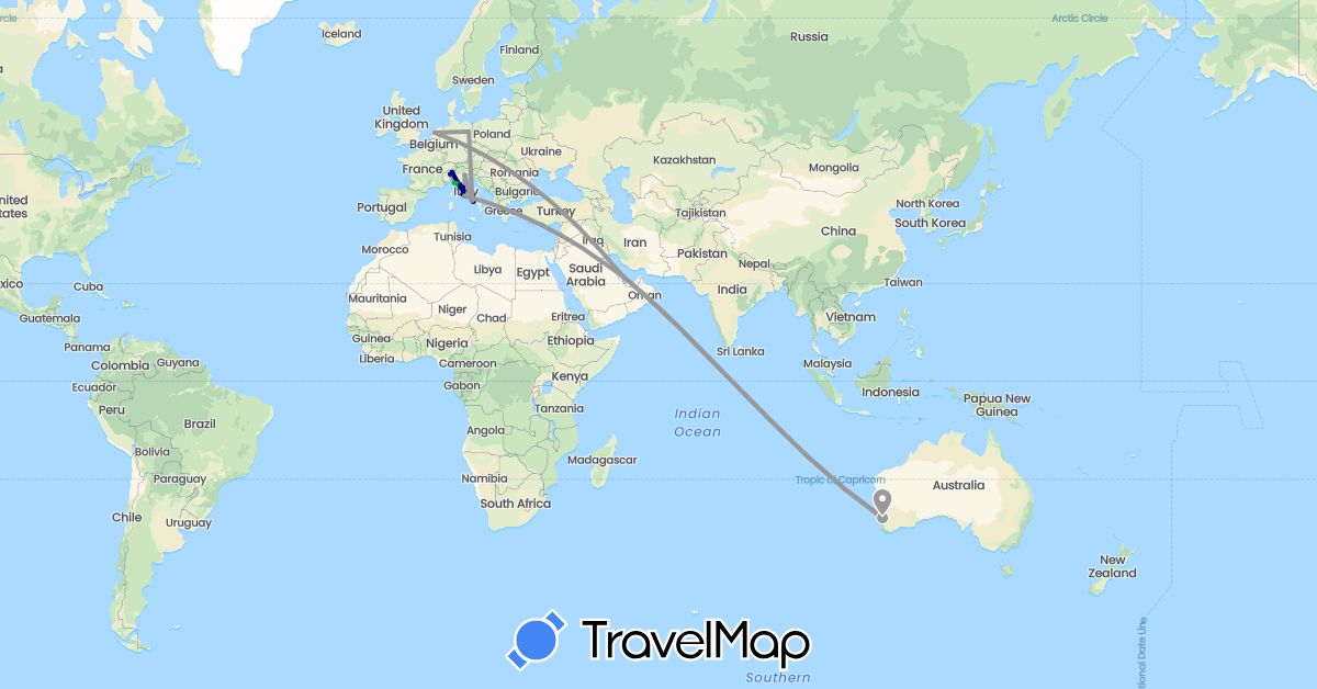 TravelMap itinerary: driving, bus, plane, train, boat in Australia, Germany, Italy, Netherlands, Qatar (Asia, Europe, Oceania)